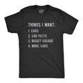 Mens Things I Want List Car T Shirt Funny Saying Mechanic Joke Graphic Saying for Dad Mens Funny T Shirts Cool Tees Soft Stylish Casual Menswear Dad Joke Apparel for Men Funny Mechanic Short Sleeve Black -
