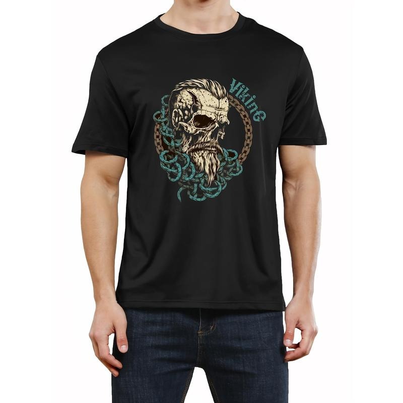 Mens Viking Skull Graphic Tee Shirt - Bold & Breathable, Short Sleeve Casual Shirt for Summer Style Made in USA