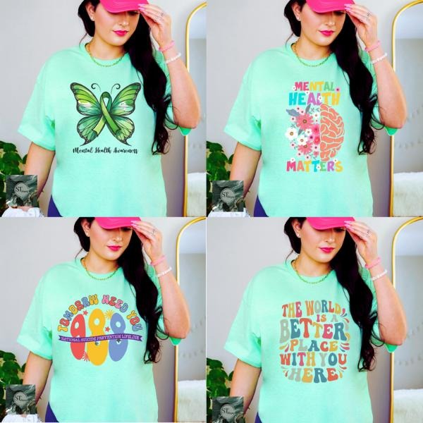 Mental Health Awareness Mint Green T-Shirt Top Womenswear Statement Tee Casual Shortsleeve Hoodie, Sweatshirt | DripVista.com