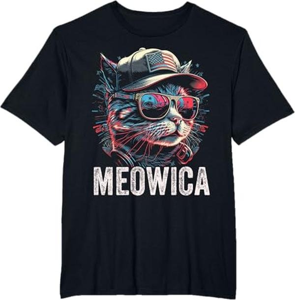 Meowica 4th of July Cat American Flag America USA  T-Shirt- Casual Basic Smooth apparel Cotton Menswear Hoodie, Sweatshirt