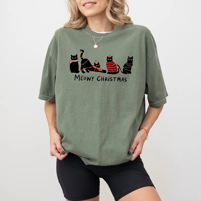 Meowy Christmas Comfort Colors Shirt, Cat Ladies Christmas Unhinged Tees, Christmas Black Cats Graphic T-shirt, Cat Mom...