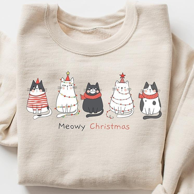 Meowy Christmas Crewneck Sweatshirt, Funny Cat Christmas Hoodie, T-shirt | DripVista.com