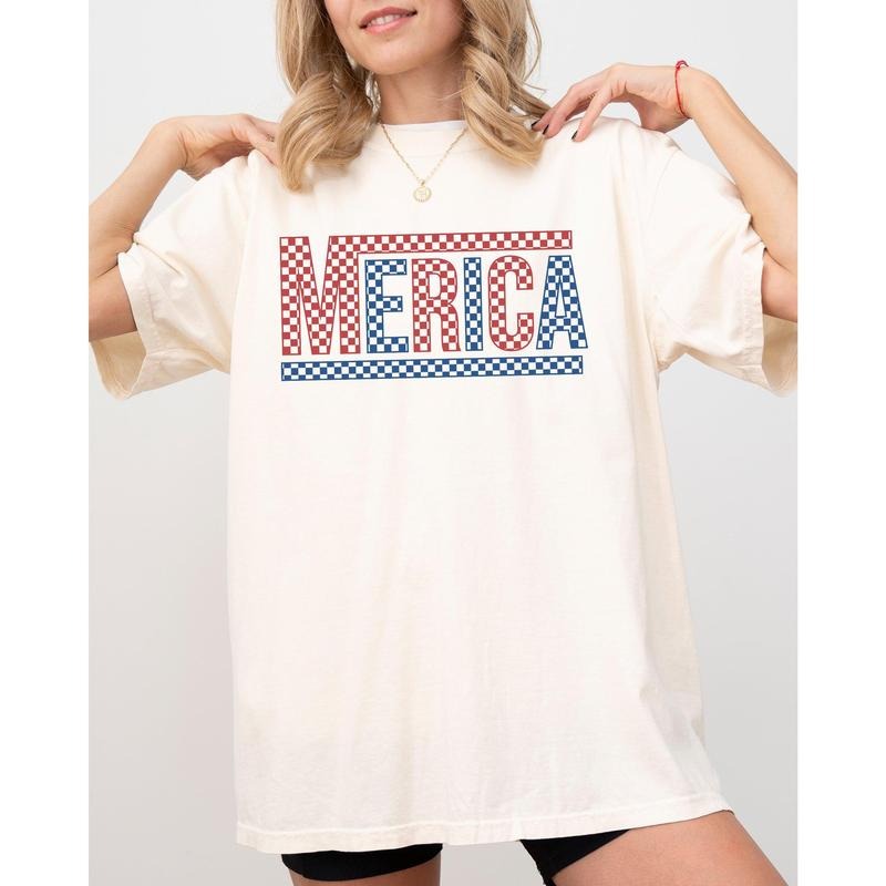 Merica, America, Retro, Checkered, Independence Day, USA, 4th Of July, Fourth Of July Tshirt, Women's, Comfort Colors...