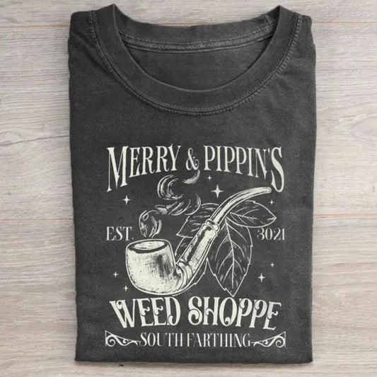 Merry & Pippin's Weed Shoppe Vintage T-Shirt - Merry Brandybuck & Pippin from The Lord of The Rings Movie - Crewneck Casual Tee