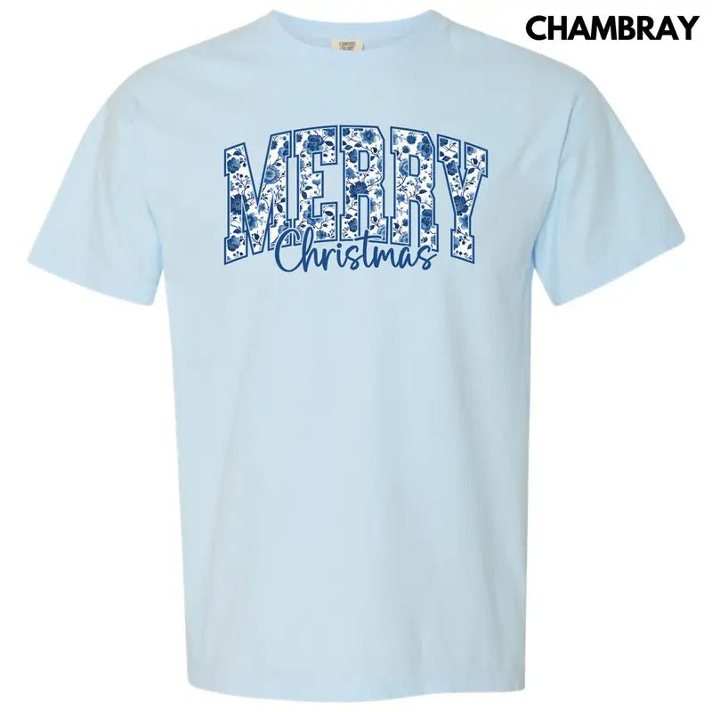 Merry Blue Floral Christmas Comfort Colors T-Shirt 'NLB' Hoodie, Sweatshirt | DripVista.com