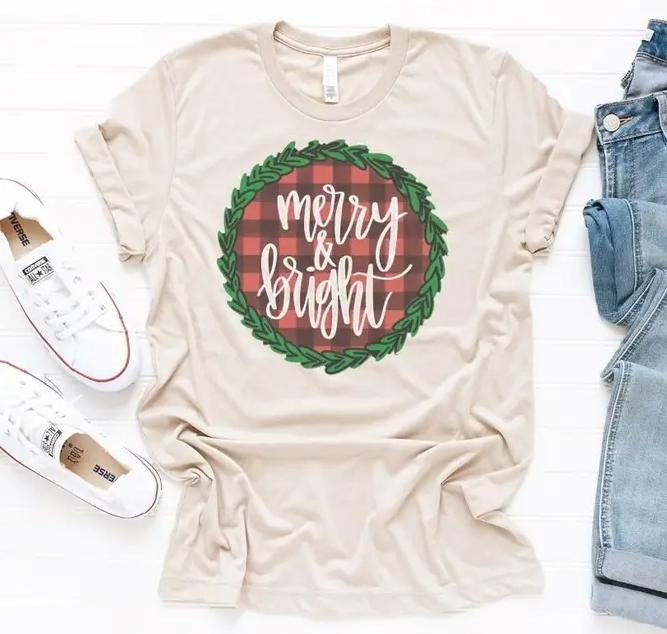 Merry Bright T-Shirt Christmas Wreath Tshirt Jolly Holiday Tee Merry Plaid T-Shirt Bright Wreath Tshirt Xmas Plaid Tee...