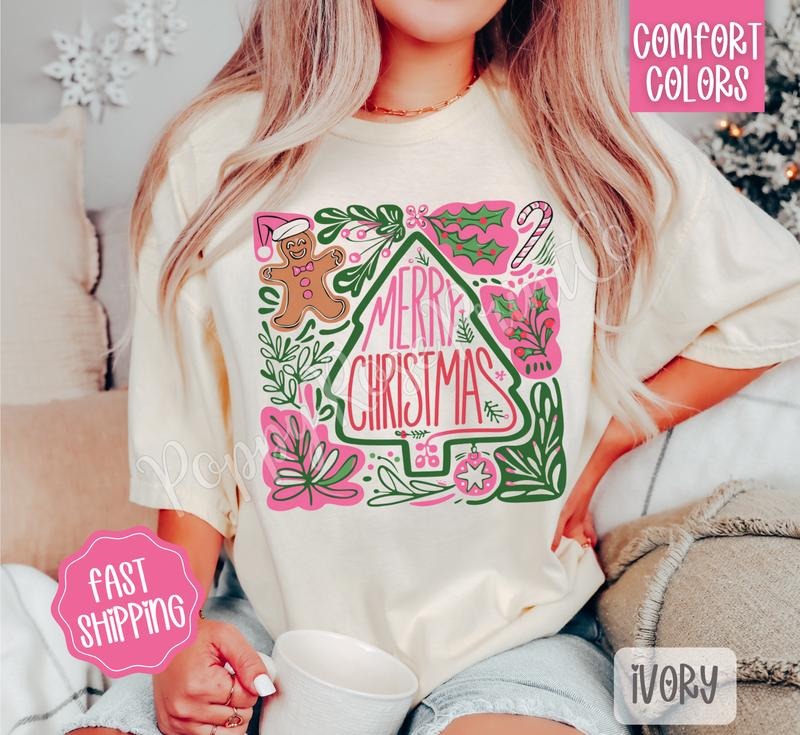 Merry Christmas Abstract Comfort Colors, Trendy Women's Holiday Tshirt