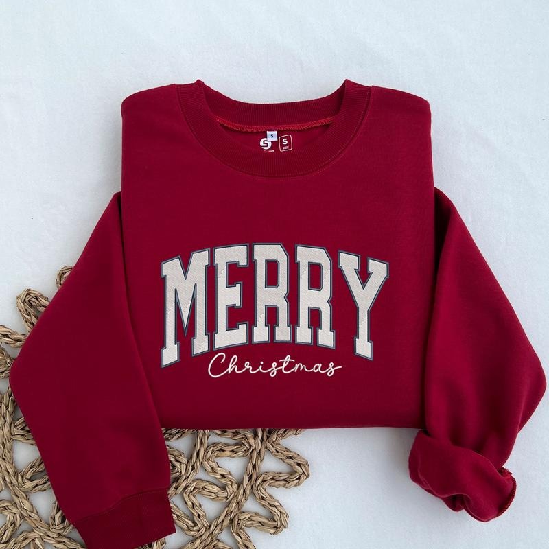 Merry Christmas Embroidered Sweatshirt, Trendy Christmas Sweatshirt, Cute Winter Shirt, Christmas Shirt for Women Hoodie