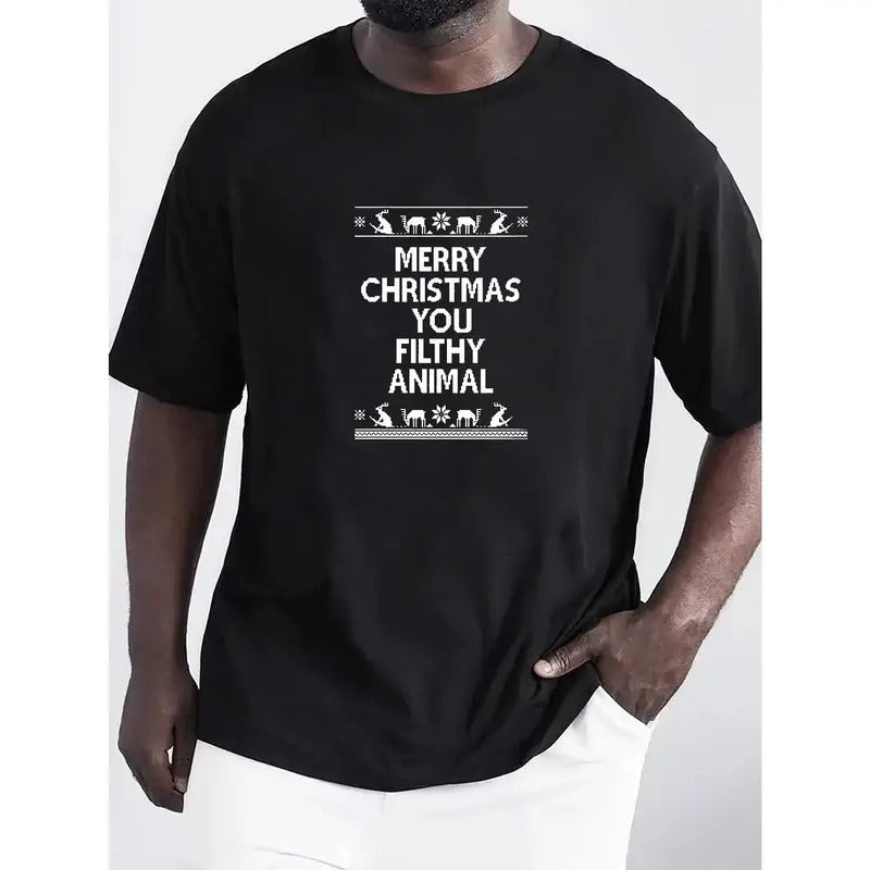 Merry Christmas Letter Pattern Men's T-shirt For Summer Outdoor, Men's Chic Crew Neck Tops Made in USA