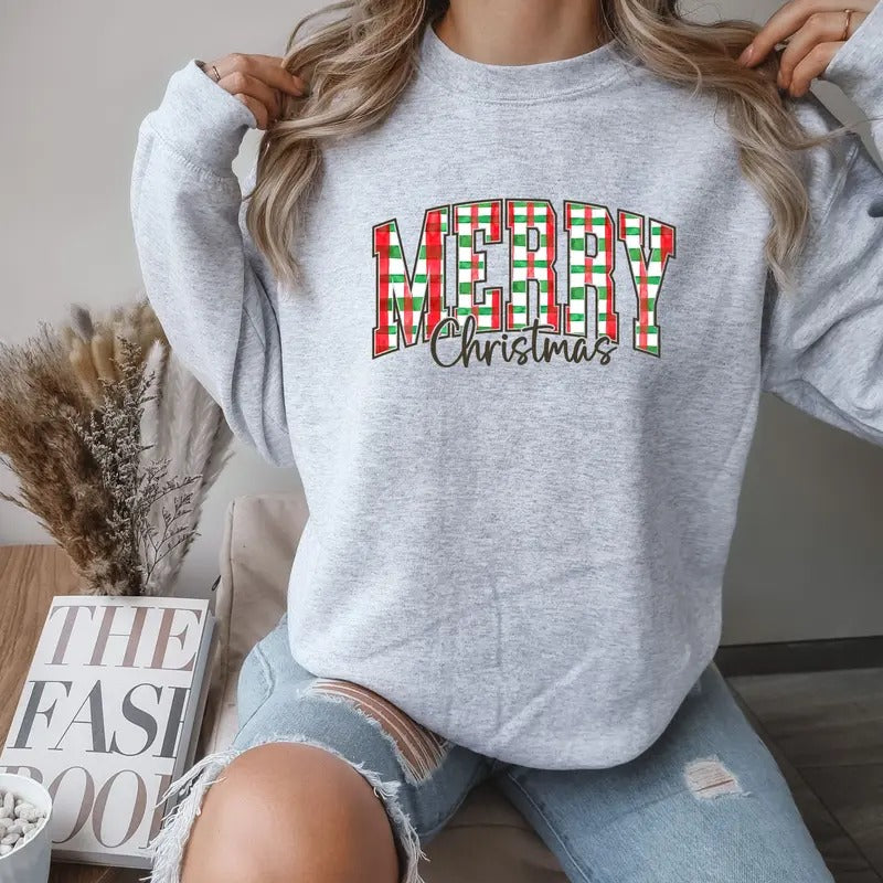 Merry Christmas Plaid design Crewneck Sweatshirt Comfortable Women T-Shirts, Hoodie | DripVista.com