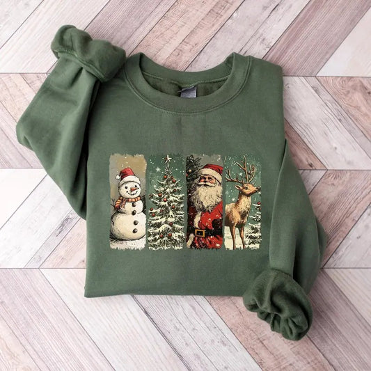 Merry Christmas Sweatshirt, Santa Snowman Reindeer Crewneck, Christmas Tree Cotton Womenswear