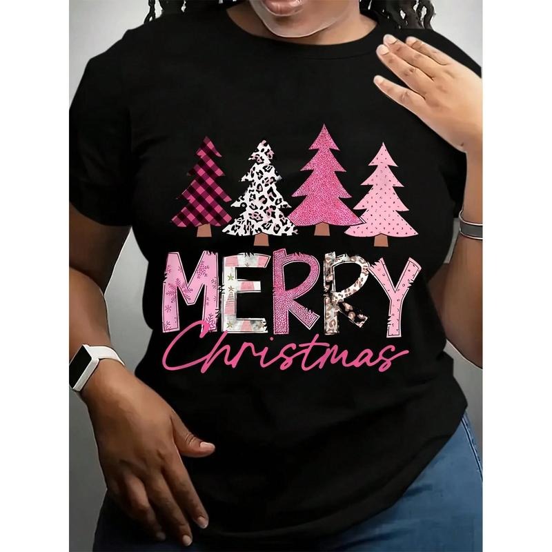 Merry Christmas T-Shirt For Women Festive Pink Plaid & Leopard Print Trees Design Holiday Seasonal Graphic Tee Cute Xmas...