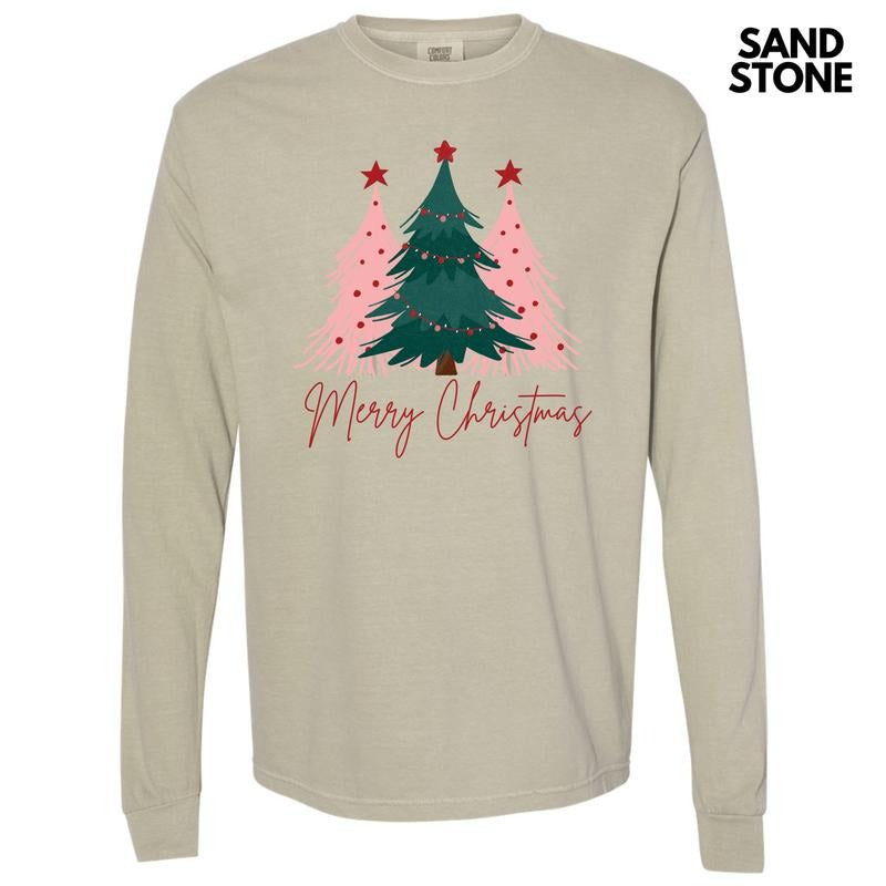 Merry Christmas Tree Trio Long Sleeve Comfort Colors T-Shirt 'NLB' Hoodie, Sweatshirt | DripVista.com