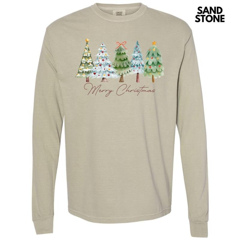 Merry Christmas Trees Long Sleeve Comfort Colors T-Shirt 'NLB' Hoodie, Sweatshirt | DripVista.com