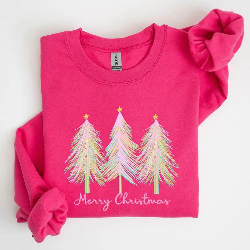 Merry Christmas, Pastel Trees, Winter, Santa, Xmas Sweatshirt, Women's Crew Neck, Crewneck T-Shirts, Hoodie | DripVista.com