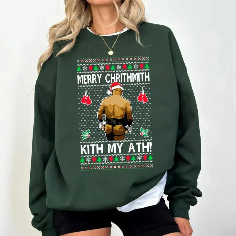 Merry Chrithmith Kith My Ath Tshirt Sweatshirt Hoodie, Butt Viral Kiss My Ass Boxing Fightt Meme, Funny Ugly Christmas, Unisex Sweater Pullover Tee