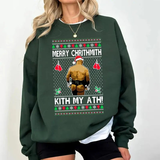 Merry Chrithmith Kith My Ath Tshirt Sweatshirt Hoodie, Butt Viral Kiss My Ass Boxing Fightt Meme, Funny Ugly Christmas, Unisex Sweater Pullover Tee