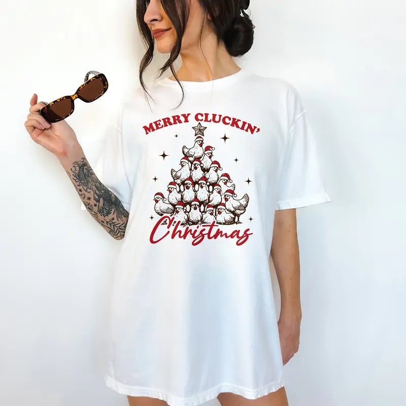 Merry Cluckin' Christmas- T-Shirt -  Print is Sublimation, Unisex T-Shirt, Funny Tee,Gift Idea, Relaxed Fit, Casual Apparel, Great with Jeans, Womenswear Graphic