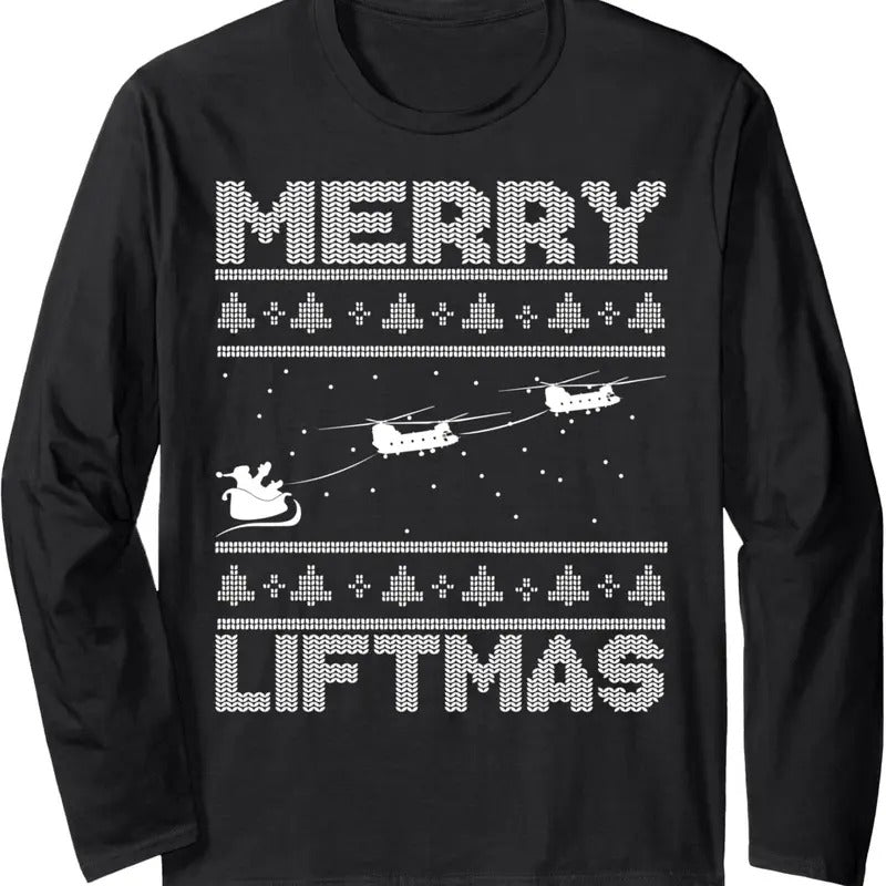 Merry Liftmas Chinook Helicopter Ugly Christmas Chinook Long Sleeve T-Shirt
