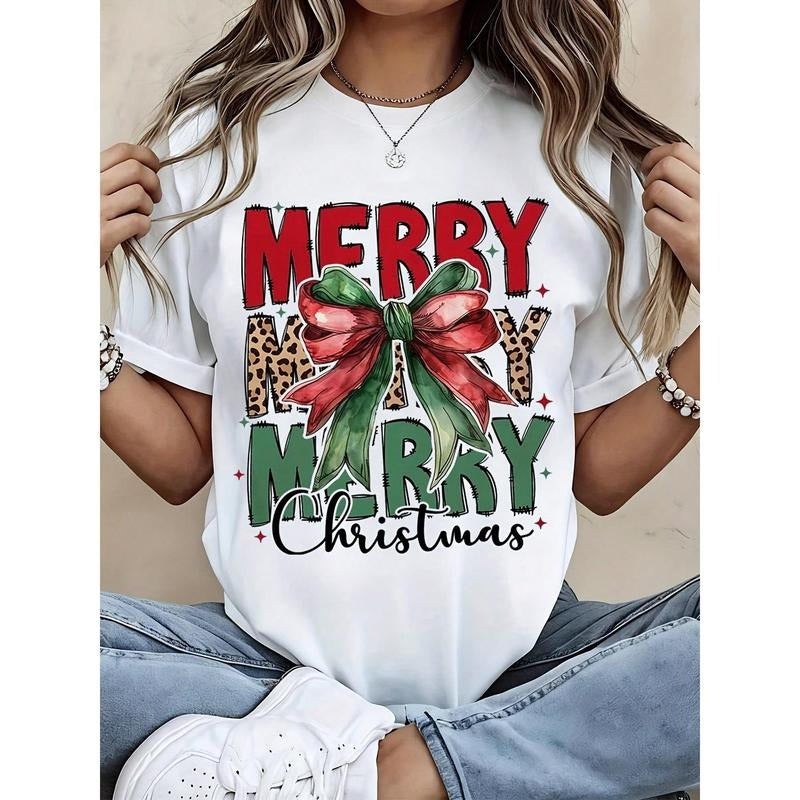 Merry Merry Christmas Women'WB shield Black T-Shirt With Leopard Print Bow Holiday Design Festive Xmas Top Casual...