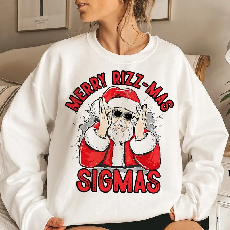 Merry Rizz Mas Sigmas Santa Funny Christmas Sweatshirt, Funny Santa Claus Sweatshirt, Funny Teenager Xmas Rizz, Rizzmas Santa Sweatshirt