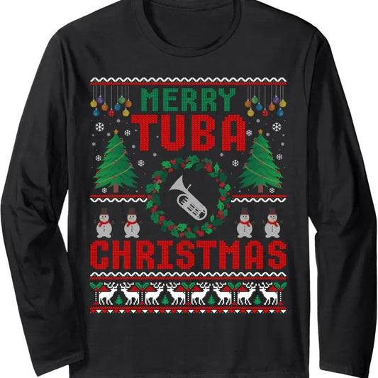 Merry Tuba Christmas Ugly Sweater Music Instrument Long Sleeve T-Shirt