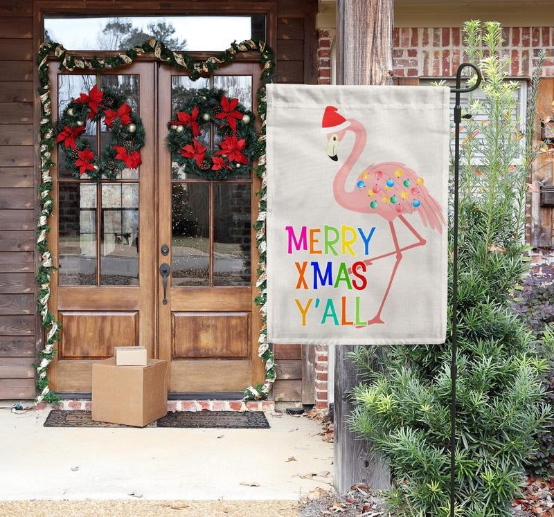 Merry Xmas Y'All Flamingo, Christmas Garden Flag, Festive Winter Outdoor Decor T-Shirts, Hoodie, Sweatshirt | DripVista.com