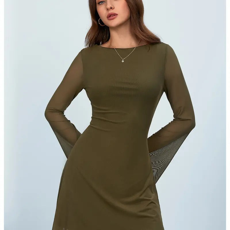 Mesh Long Bell Sleeve Mini Dress Boat Neck Short Dresses T-Shirts, Hoodie, Sweatshirt | DripVista.com