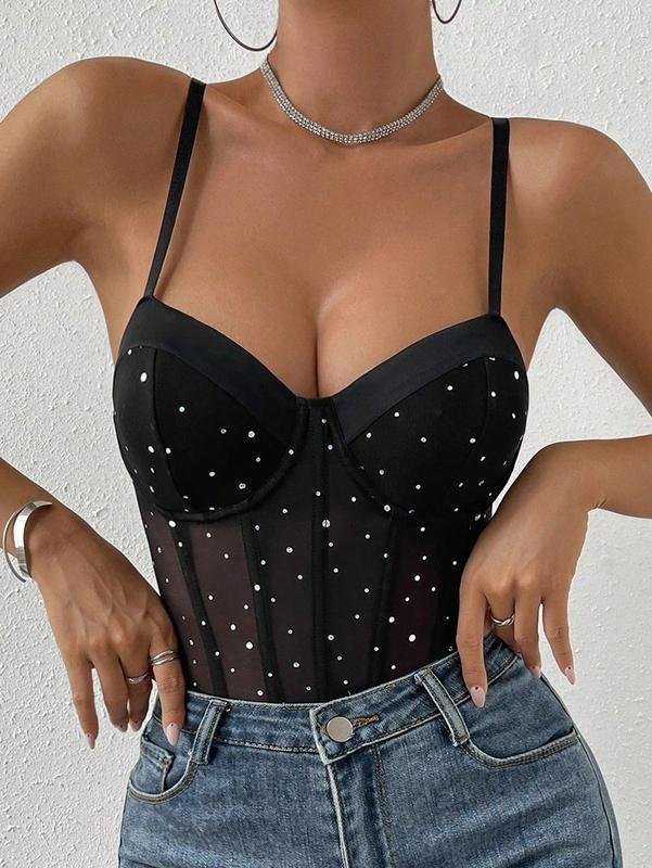 Mesh Sheer Bodysuit Rhinestone Bustier Sleeveless Leotards T-Shirts, Hoodie, Sweatshirt | DripVista.com