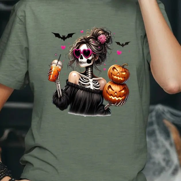 Messy Bun Halloween Skeleton Mama T-shirt Hoodie, Sweatshirt | DripVista.com