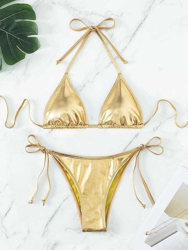 Metallic Triangle Bikini Top Halter Tie Side bathingsui Set 2 Piece Bathing SuitsY2K T-Shirts, Hoodie, Sweatshirt