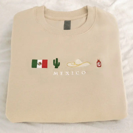 Mexico Embroidered Sweatshirt, Crewneck, Sweater, Black, Beige, Cotton, Mexican, Flag, Sombrero Mariachi, Hot Chili Pepper, Cactus, Cinco de Mayo, Dia De Los Muertos, Taco Tuesday, Dia de la Independencia, Bordado, Picante, Latino, Orgullo, Viva Mexico