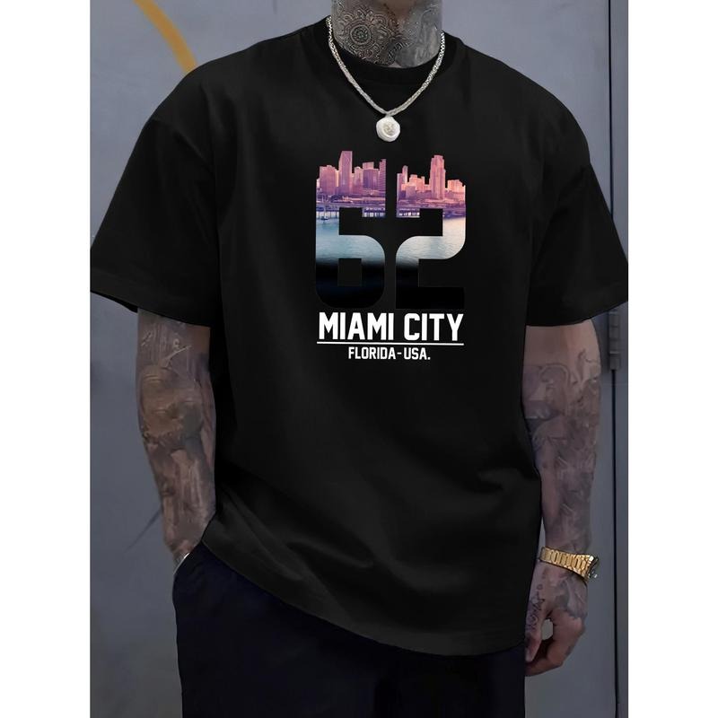 " Miami City "Creative Print Men's Casual T-Shirt, Summer Fashion Crew Neck Short Sleeve Top, Modern Streetwear Style For Men Made in USA