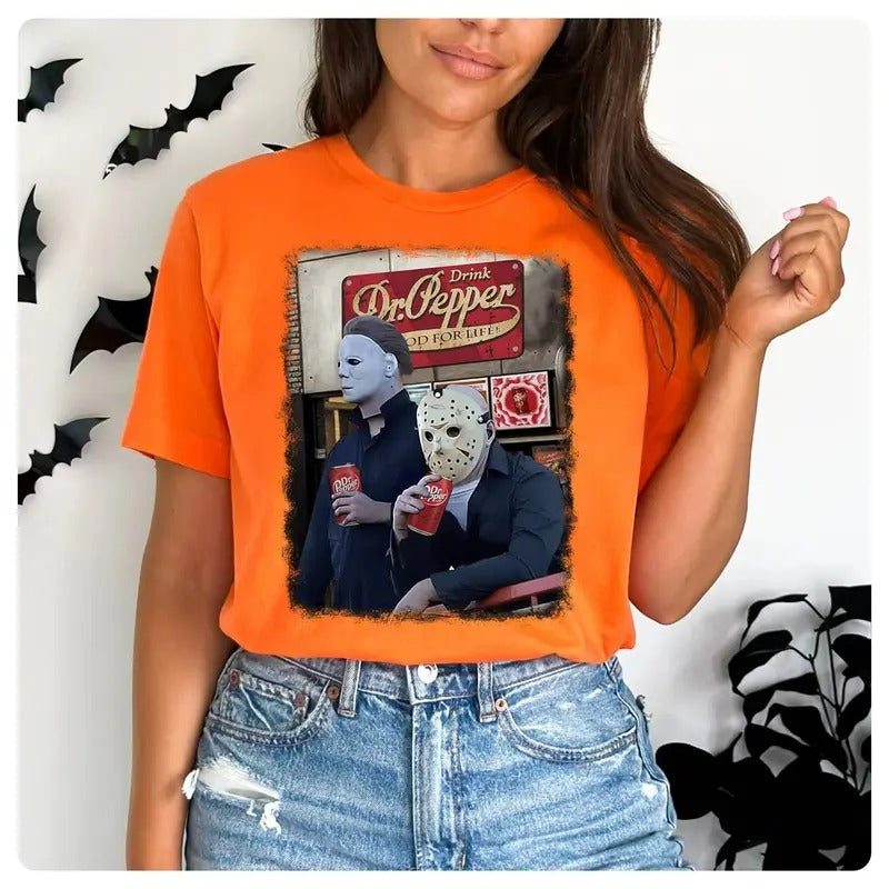 Michael Myers And Jason Voorhees Drinking Dr Pepper Shirt Halloween Shirt Halloween Movie Shirt Halloween Party Shirt