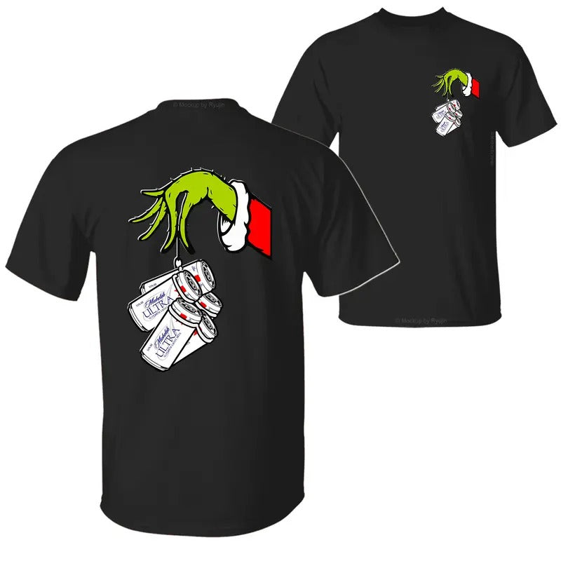 Michelob Ultra The Grin Hand T-Shirt, Christmas Green Guy Holding Michelob Ultra Beer Cans 2 Sided Graphic Printed Unisex...