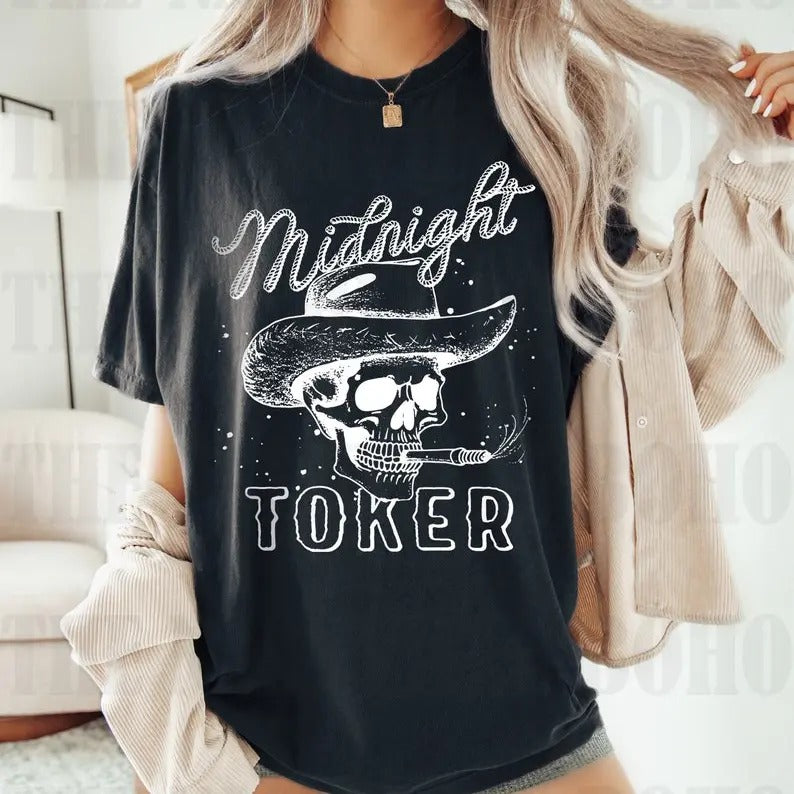 Midnight Toker Tee, Cowboy Skeleton Tee. Country Music Tee, Tee, Concert Tee, Size up for Oversized,