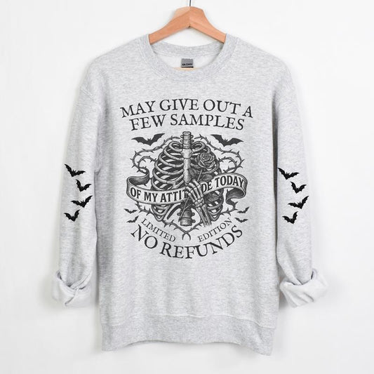 Might Give Our a Few Samples Skull Long Sleeve Crewneck Sweatshirt Alternative Emo Grunge Pullover Casual Women's Long Sleeve Womenwear Gray Color with Spooky Graphic Design