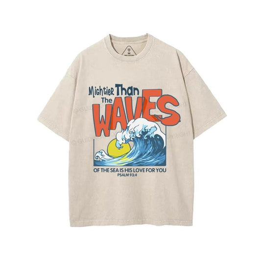 Mightier Than The Waves Christian Washed T-Shirt Pure Cotton Fabric Casual Streetstyle Crew Neck Short Sleeve Soft-Washed T-Shirt Trendy Tops for Women for Men, Perfect Gift