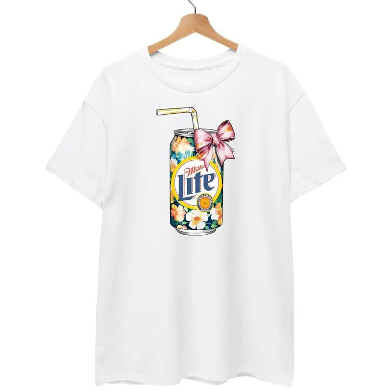 Miler Lite Beer Flower Pattern Bow Tee Beer Love T-shirt Unisex Cotton Graphic Shirts, Crew Neck, T-shirt for Men Gunpla...