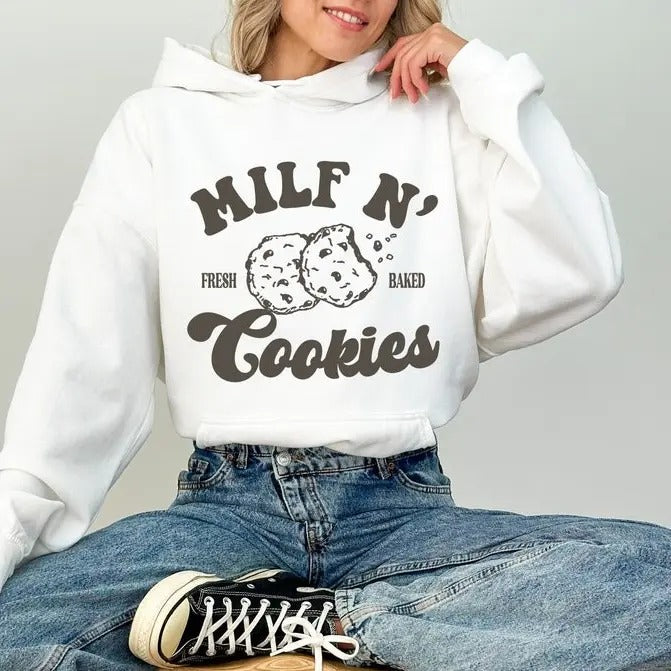 Milf N Cookies Funny Mom Hoodie, Mother's Day Gift, Milf Shirt Casual Cotton Tops Fashion
