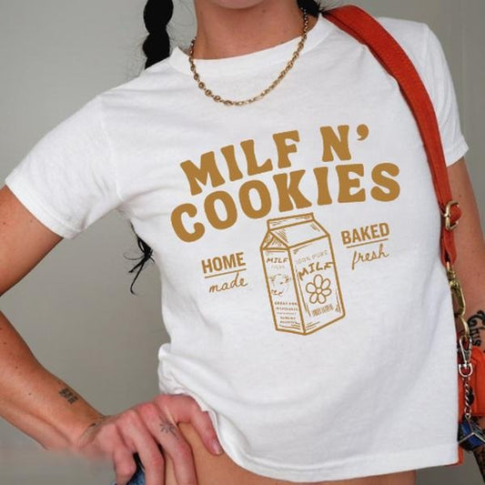 Milf n cookies Baby Tee stay at home milf Baby Tee Cute For Her, Funny Tee Fit Top Womenswear