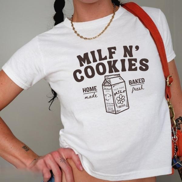 Milf n cookies Baby Tee stay at home milf shirt, Vintage 90s style top clothing, Unisex graphic Streetwear Babytee