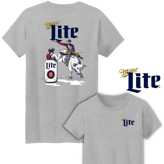 Miller Lite Rodeo Two Sides Cotton Unisex T-Shirt , Cowboy Graphic Bull Riding Shirt, Miller Lite Western Wear T-Shirt