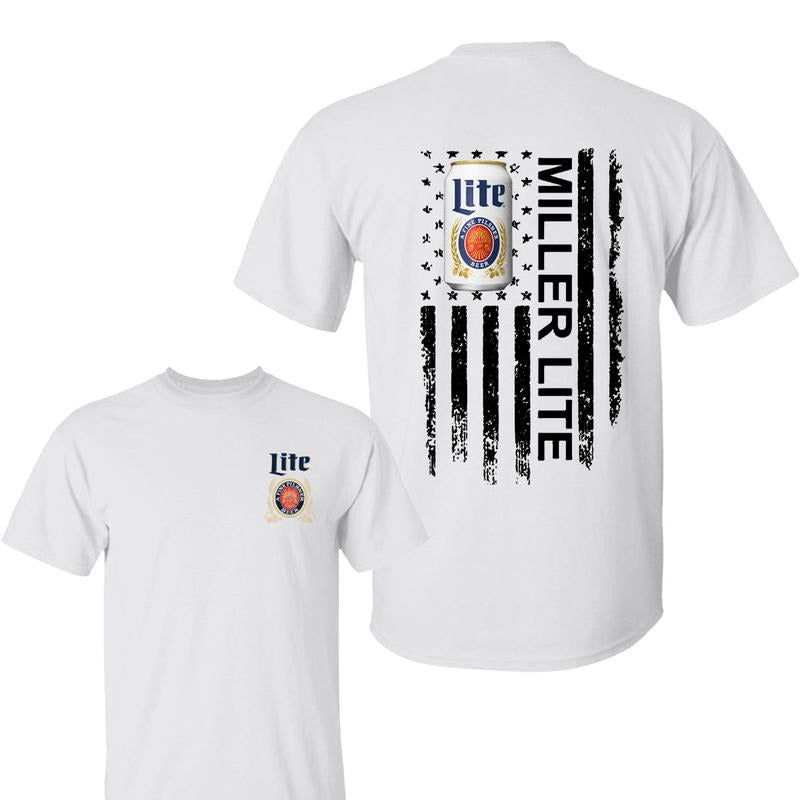Miller Lite Shirt, Patriotic Design Featuring Iconic Beer Can Graphics and American Flag, Perfect for Beer Lovers and Patriotic Fans, Menswear Tops