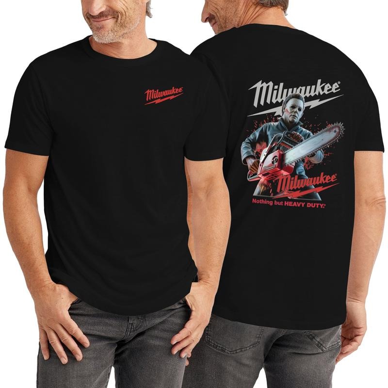 Milwaukee Horror Michael Myers With Chainsaw 2 Sides T-Shirt, Grim Reaper Power Drill Graphic Tee, FOG Cotton Blend...