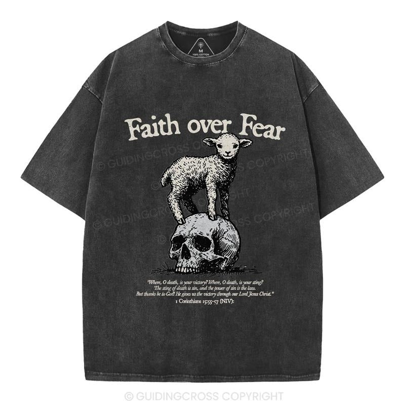 [ Mineral Wash ] Faith Over Fear Lamb Christian Washed TShirt Jesus Graphic Washed Style Shirt