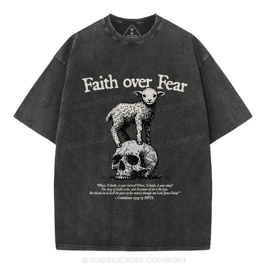 [ Mineral Wash ] Faith Over Fear Lamb Christian Washed TShirt Jesus Graphic Washed Style Shirt
