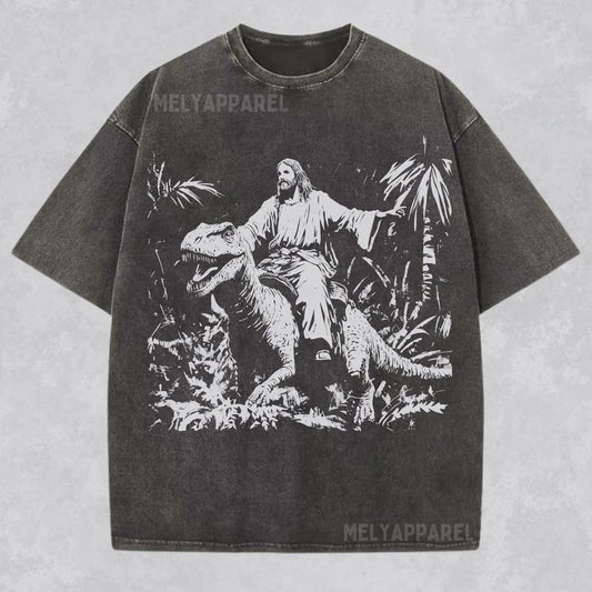 [ Mineral Wash ] Funny Jesus Shirt Christian Streetwear Religious Washed Gift For Him Or Her Faith Apparel Tee Dinosaur Meme Wear Catholic Merch