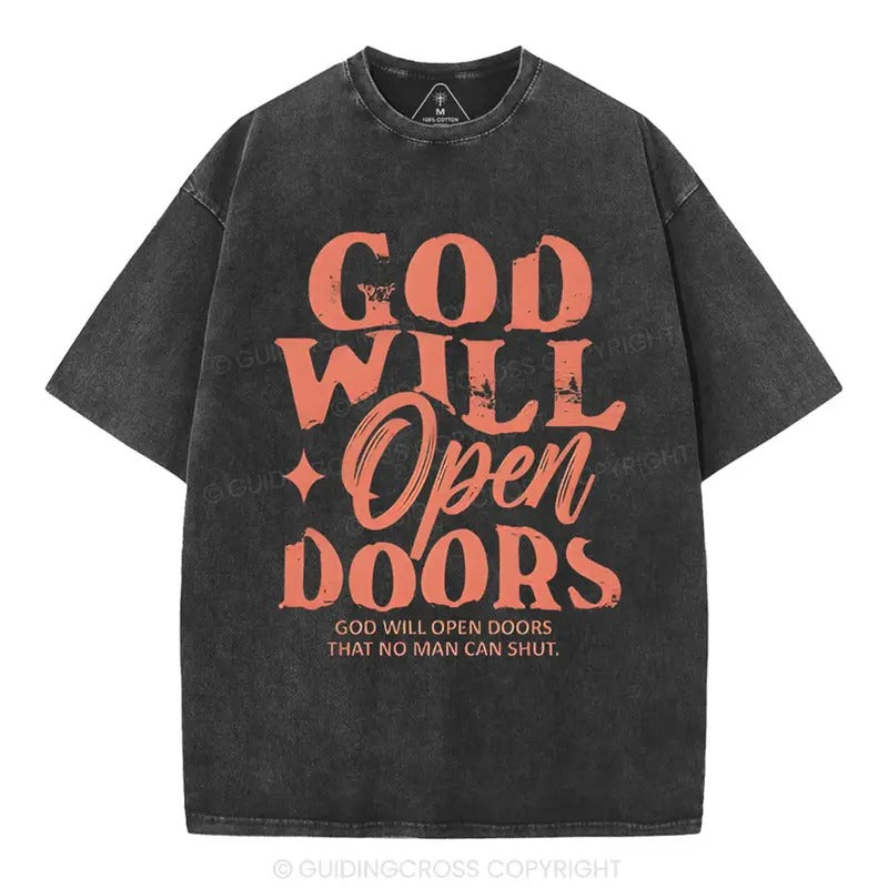 [ Mineral Wash ] God Will Open Doors Christian Washed Shirt Jesus Graphic Washed Style Shirt Hoodie, Sweatshirt