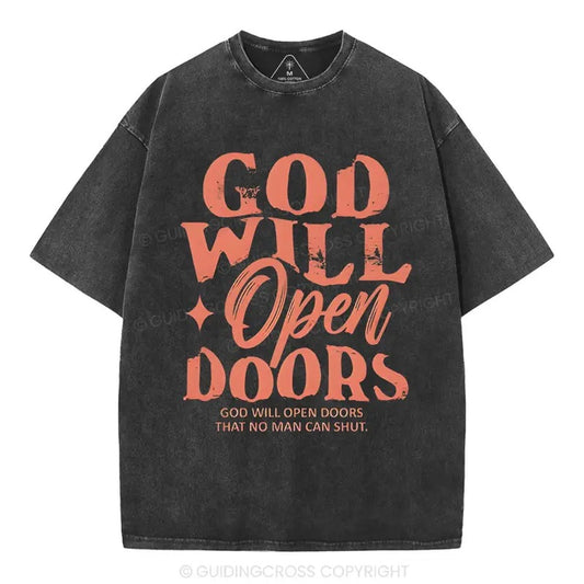 [ Mineral Wash ] God Will Open Doors Christian Washed Shirt Jesus Graphic Washed Style Shirt